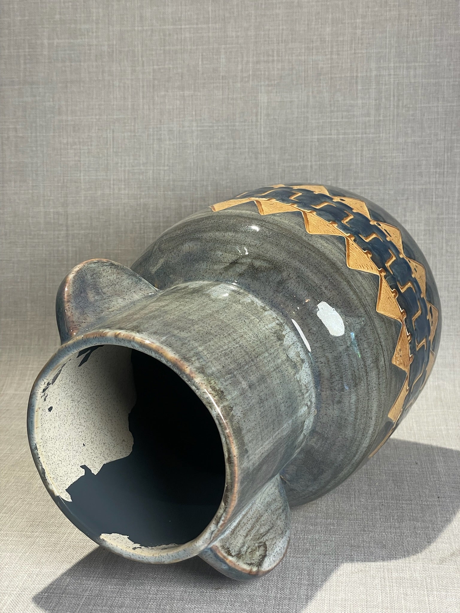 Mid-Century Modern Gray Glazed Terracota Floor Vase with Incised Geometric Band and Sculptural Side Handles