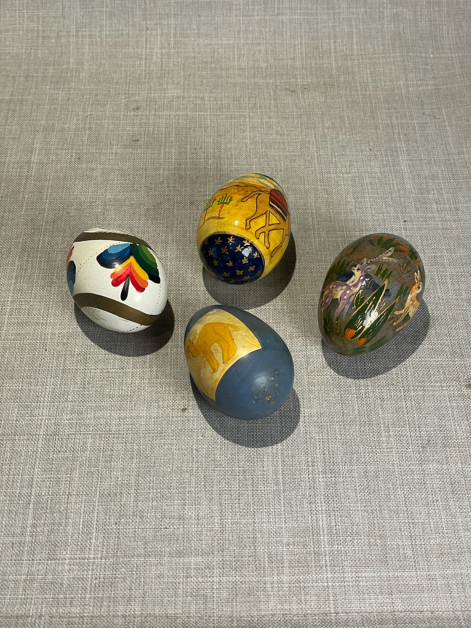 Vintage Hand-Painted Wooden Decorative Eggs – Set of 4 Folk Art Designs