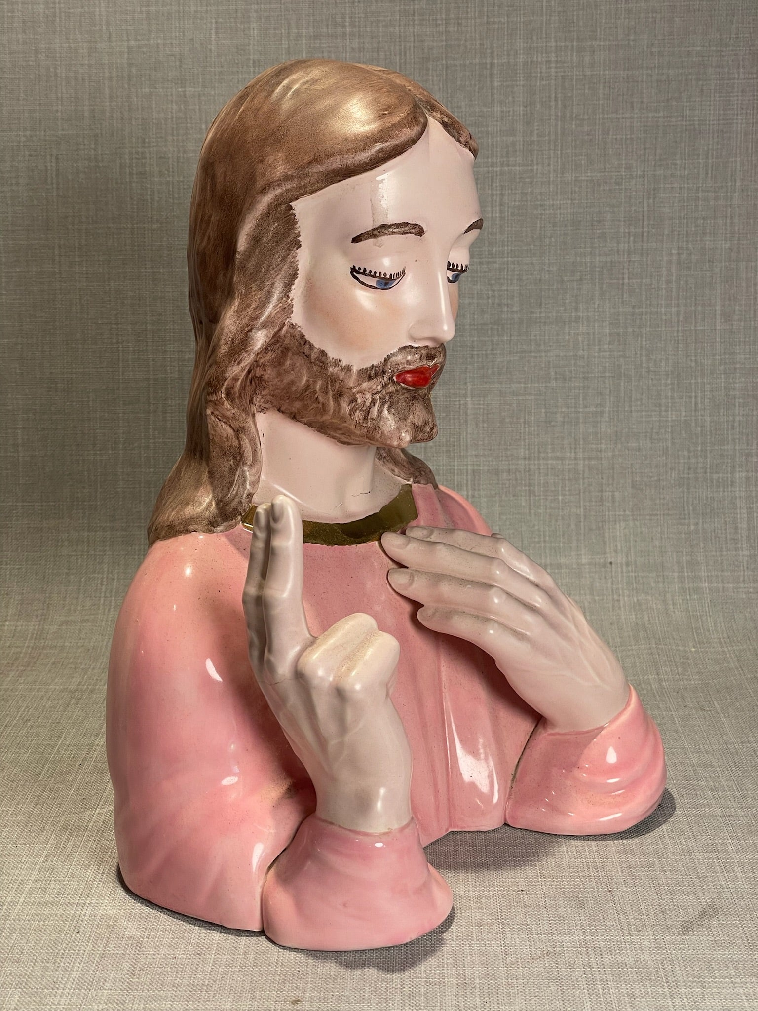 Vintage Pink Ceramic Jesus Bust Statue with Raised Blessing Hand