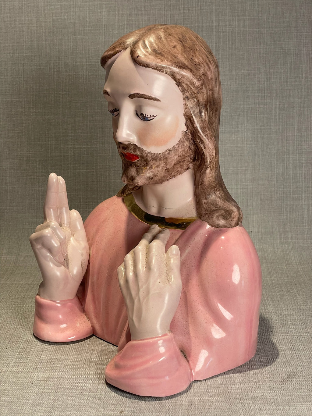 Vintage Pink Ceramic Jesus Bust Statue with Raised Blessing Hand