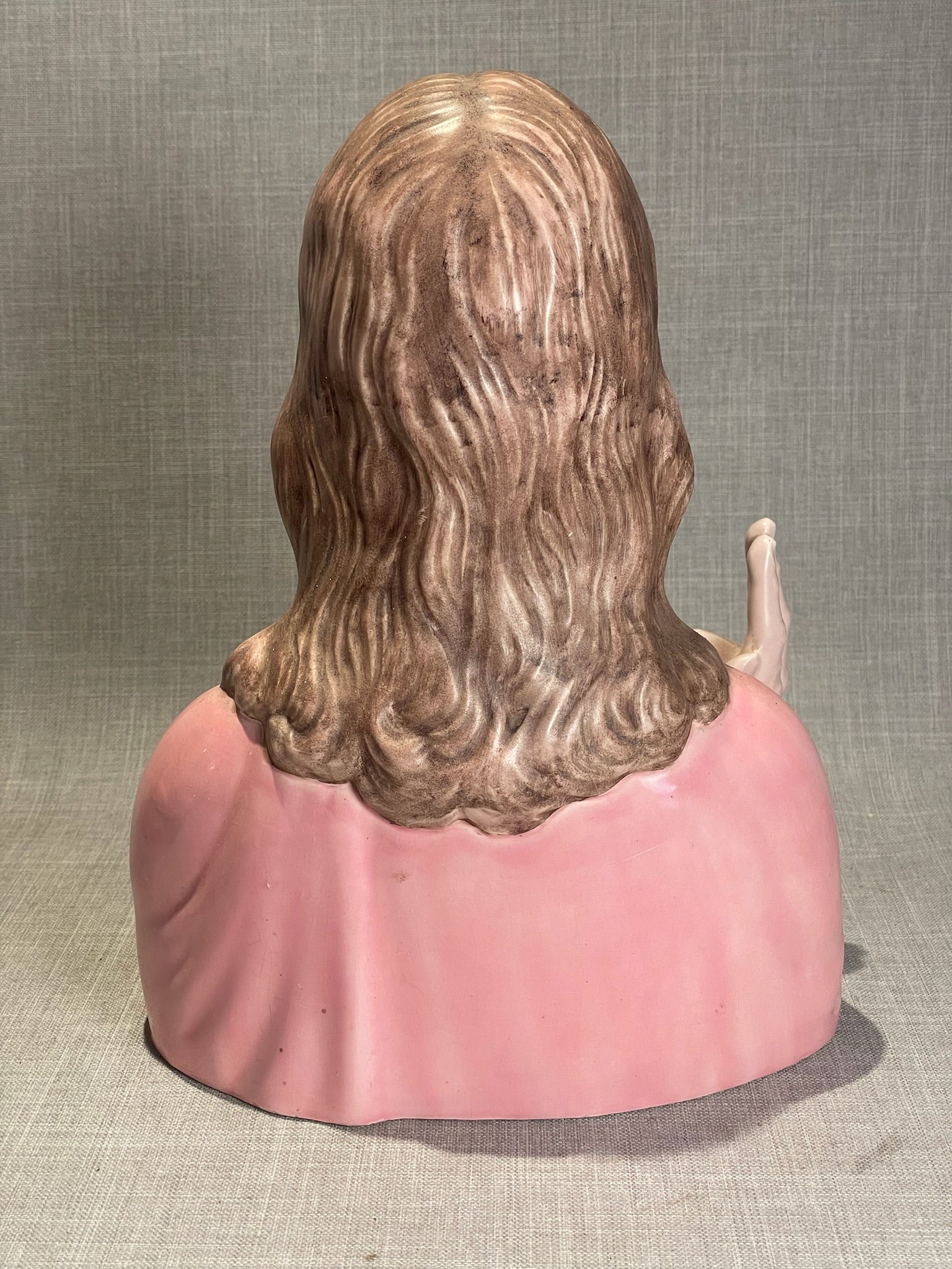 Vintage Pink Ceramic Jesus Bust Statue with Raised Blessing Hand
