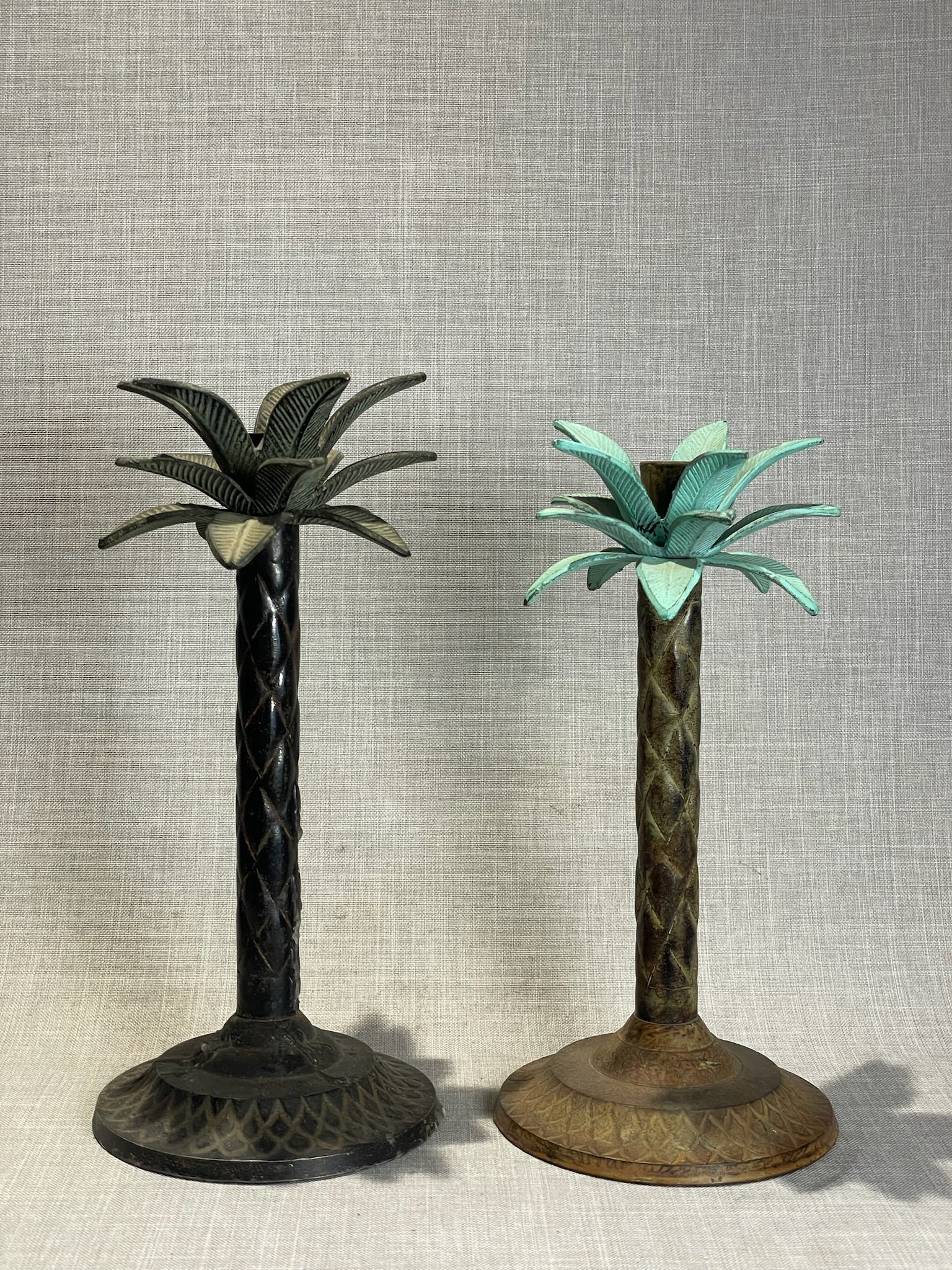 Vintage Palm Tree Metal Candlesticks – Set of 3 Tropical Brutalist Candle Holders