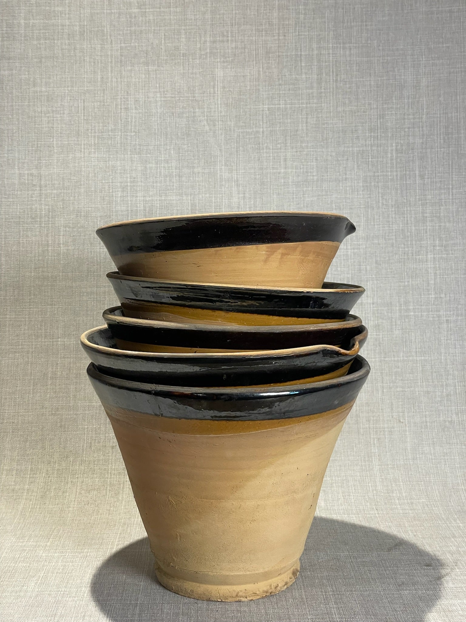 Rustic French Hand-Thrown Terracotta Pots with High-Gloss Black Interior Glaze – Vintage Artisan Pottery