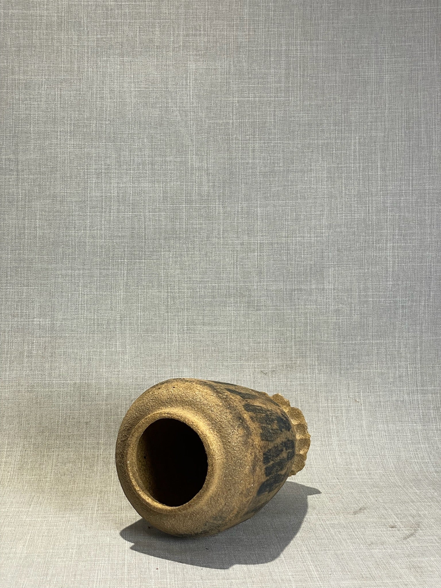 Signed Studio Art Pottery Earthenware Vase with Charcoal Drip Glaze and Thumbprint Base