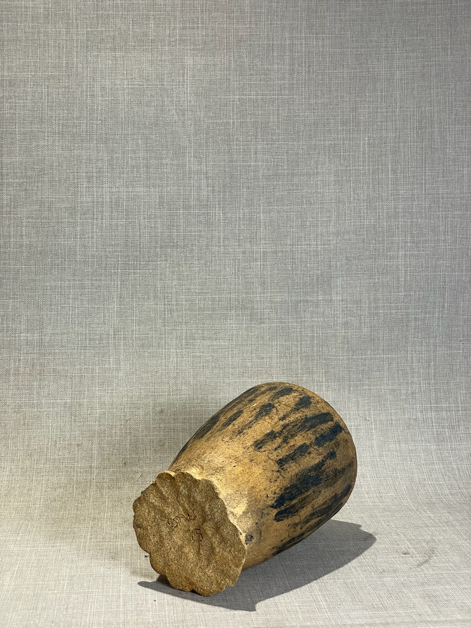 Signed Studio Art Pottery Earthenware Vase with Charcoal Drip Glaze and Thumbprint Base