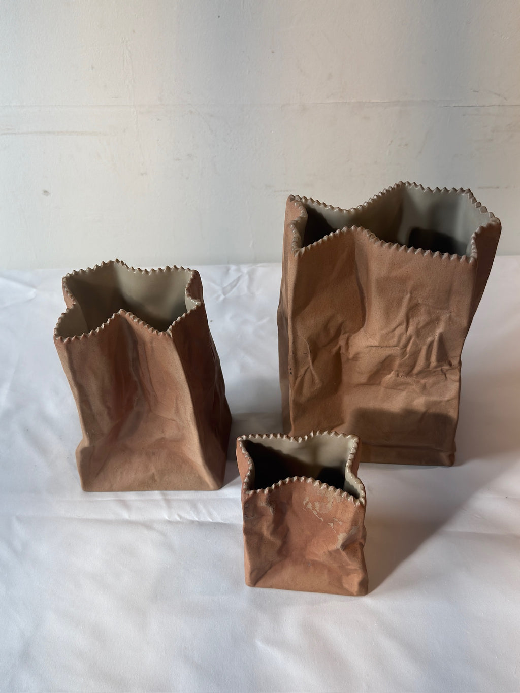 Tapio Wirkkala for Rosenthal “Paper Bag” Ceramic Vases, Germany, 1970s – Sculptural Set of 3