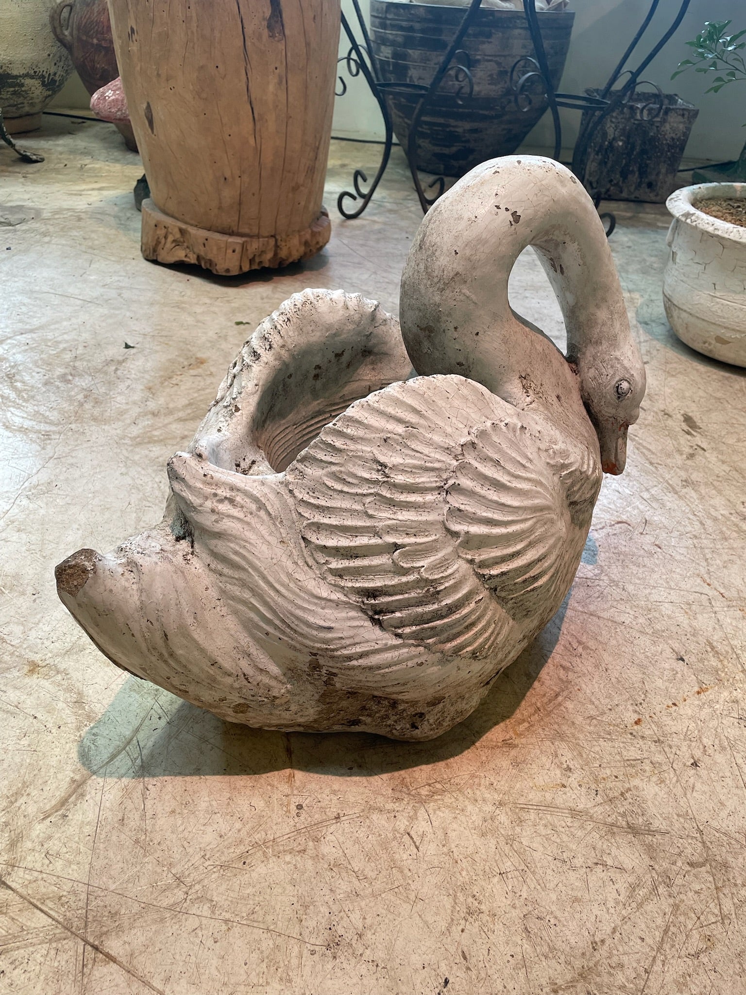 Large Vintage Concrete Swan Garden Planter with Aged White Patina