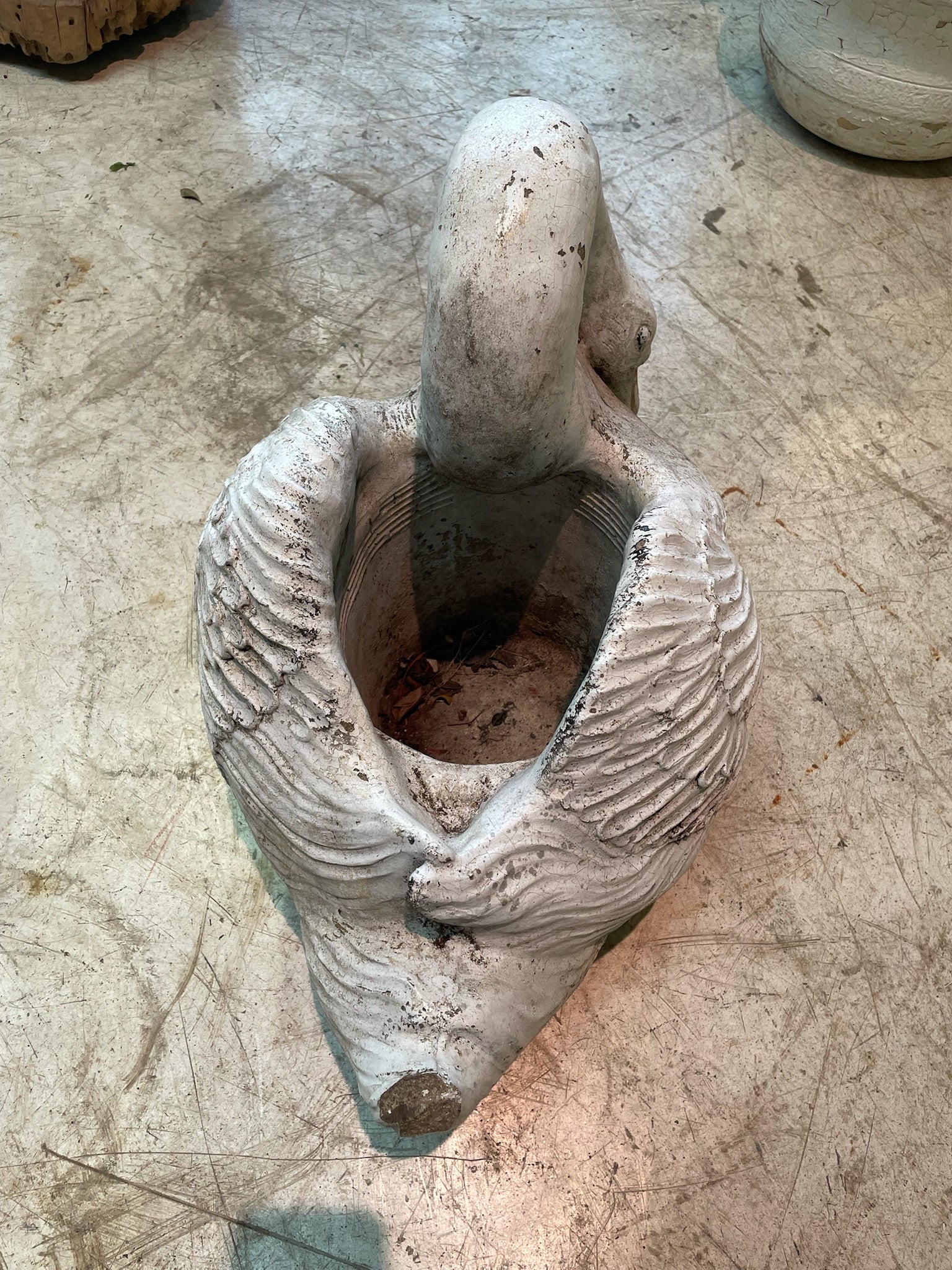 Large Vintage Concrete Swan Garden Planter with Aged White Patina