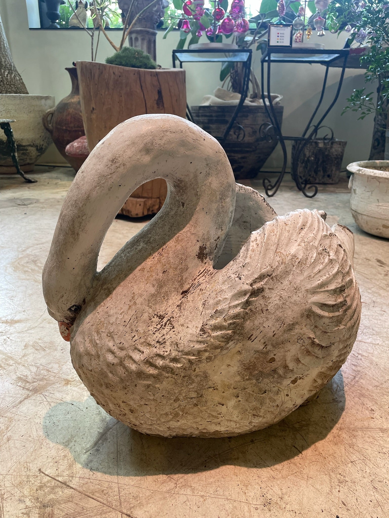 Large Vintage Concrete Swan Garden Planter with Aged White Patina
