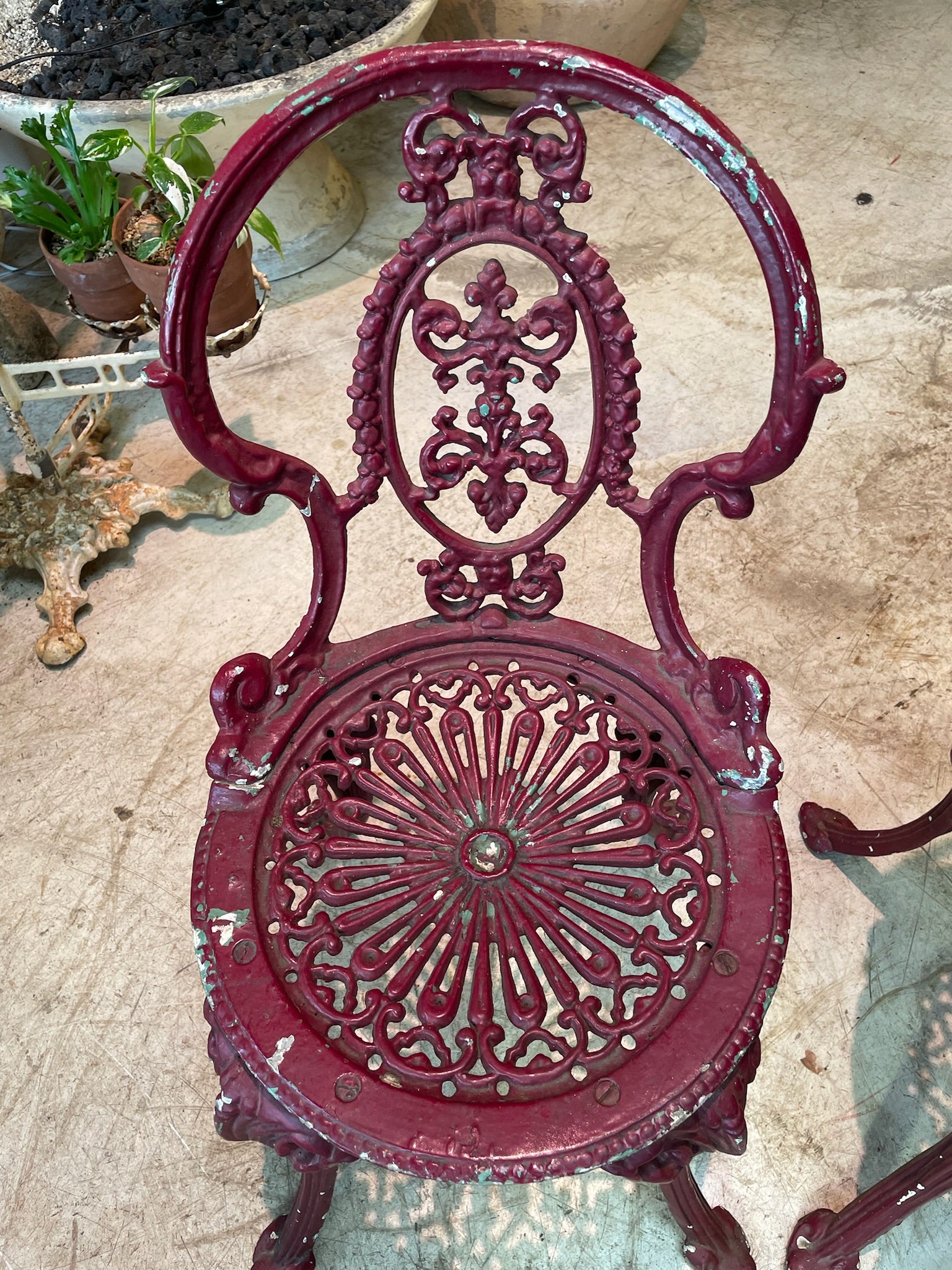Pair of Antique Victorian Cast Iron Garden Chairs with Pierced Medallion Backs