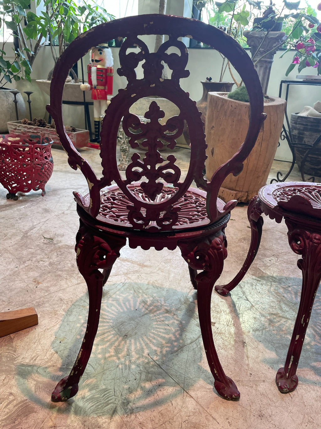 Pair of Antique Victorian Cast Iron Garden Chairs with Pierced Medallion Backs