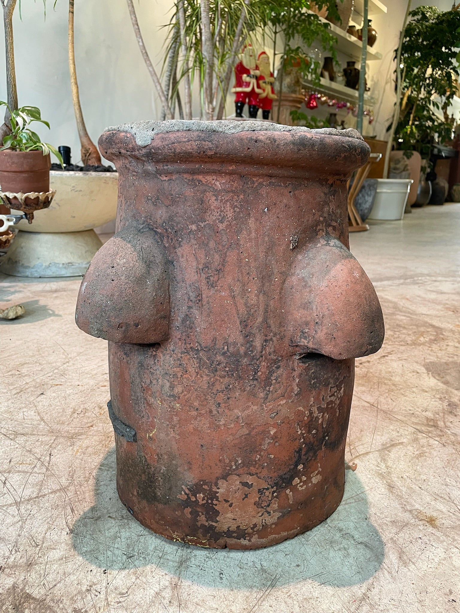 Large Antique Red Terracotta Pot with Rolled Rim and Aged Surface Patina