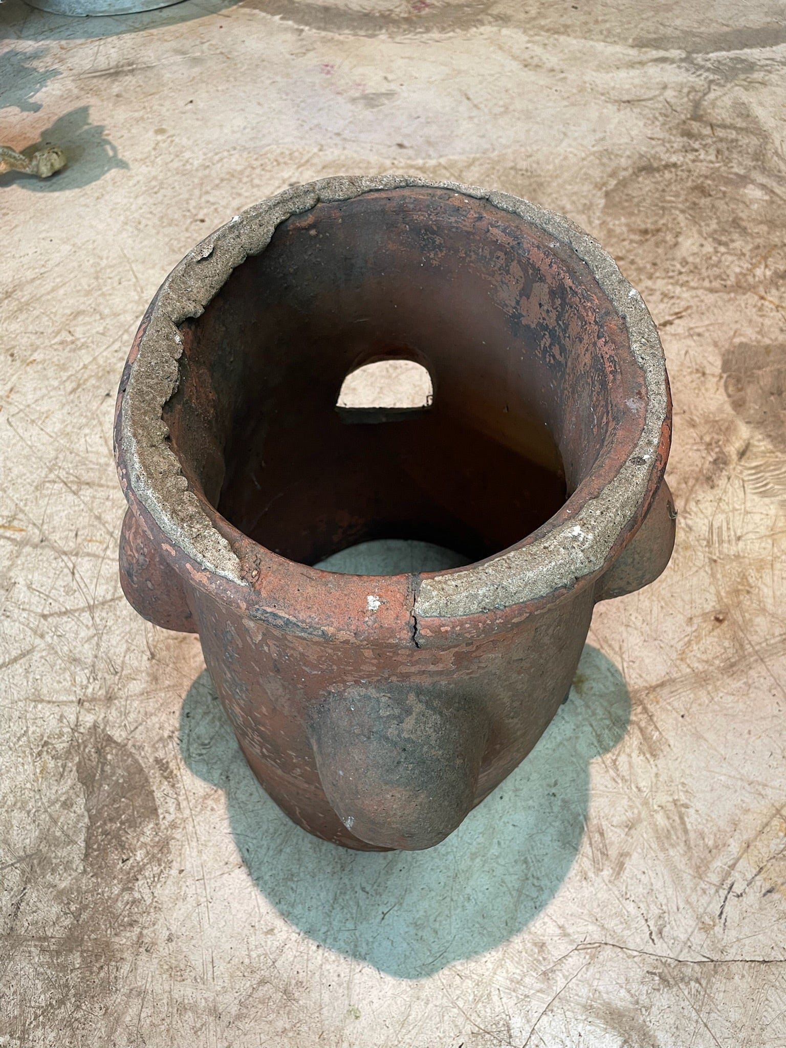 Large Antique Red Terracotta Pot with Rolled Rim and Aged Surface Patina