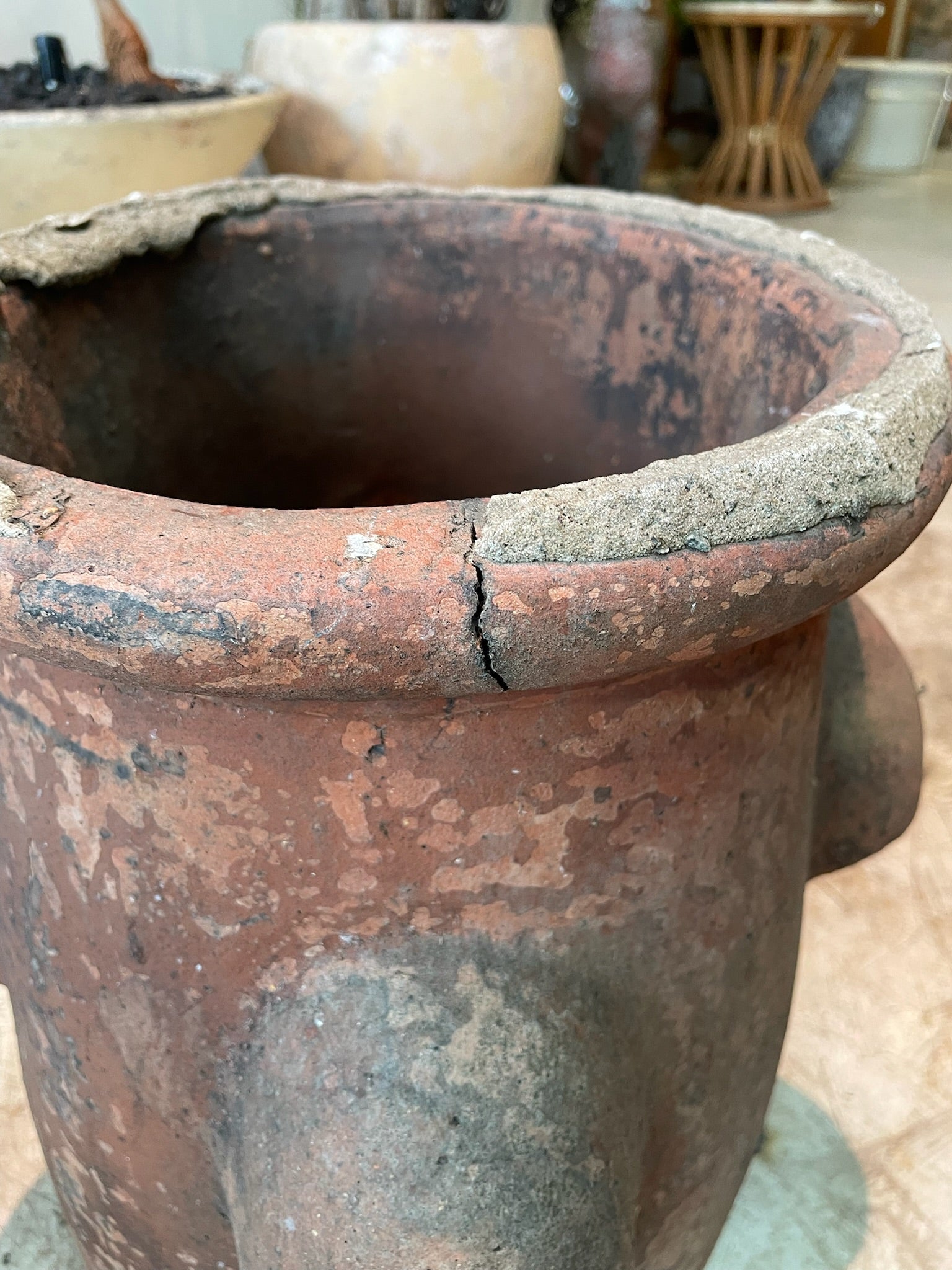 Large Antique Red Terracotta Pot with Rolled Rim and Aged Surface Patina
