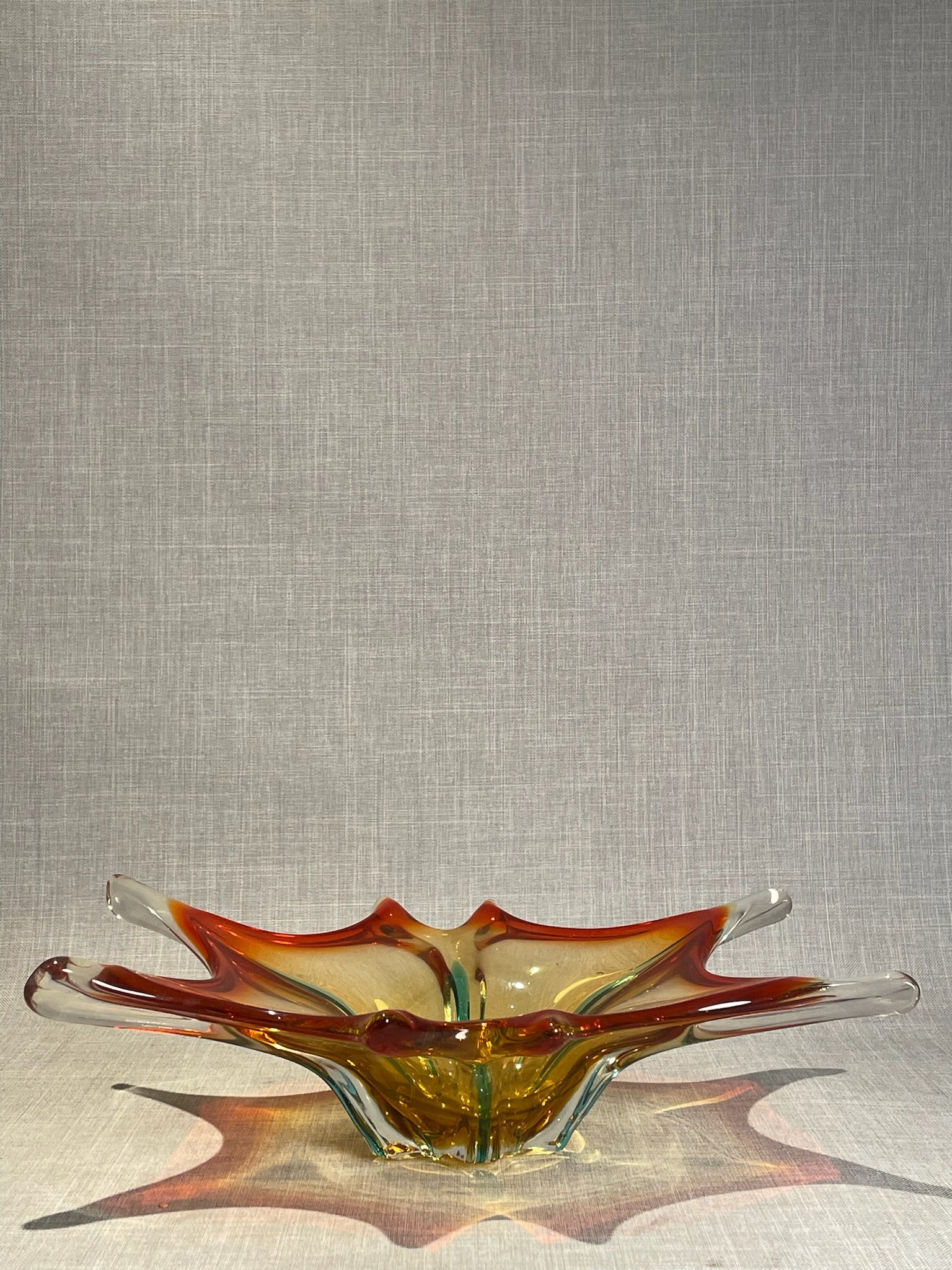 Vintage Mid-Century Murano-Style Art Glass Starburst Centerpiece Bowl — Amber, Red & Teal