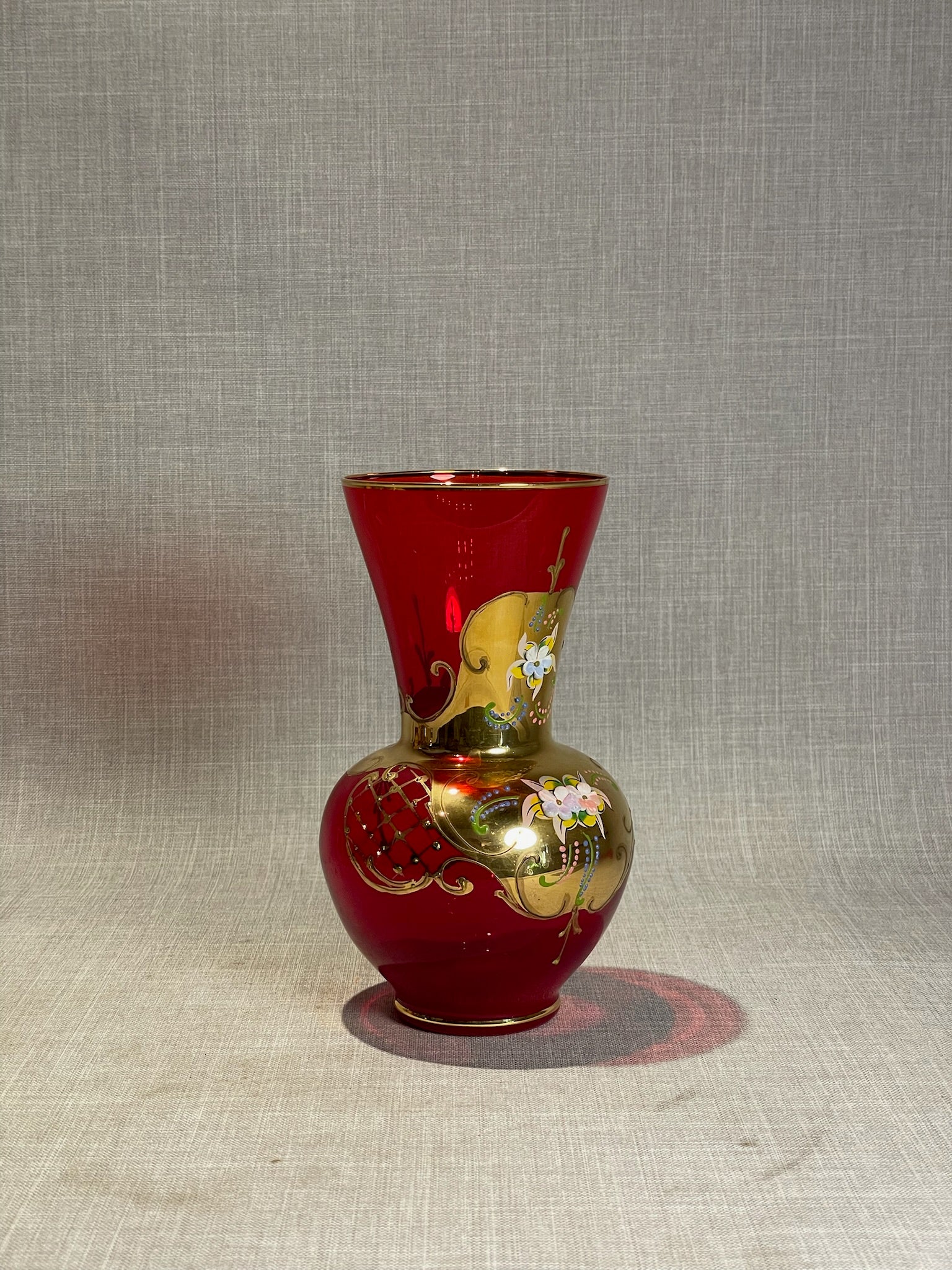 Vintage Italian Ruby Red & Gold Bohemian-Style Enamel Floral Art Glass Vase