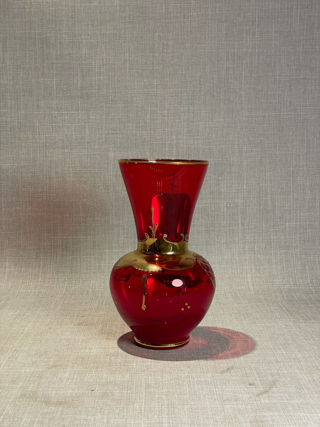 Vintage Italian Ruby Red & Gold Bohemian-Style Enamel Floral Art Glass Vase