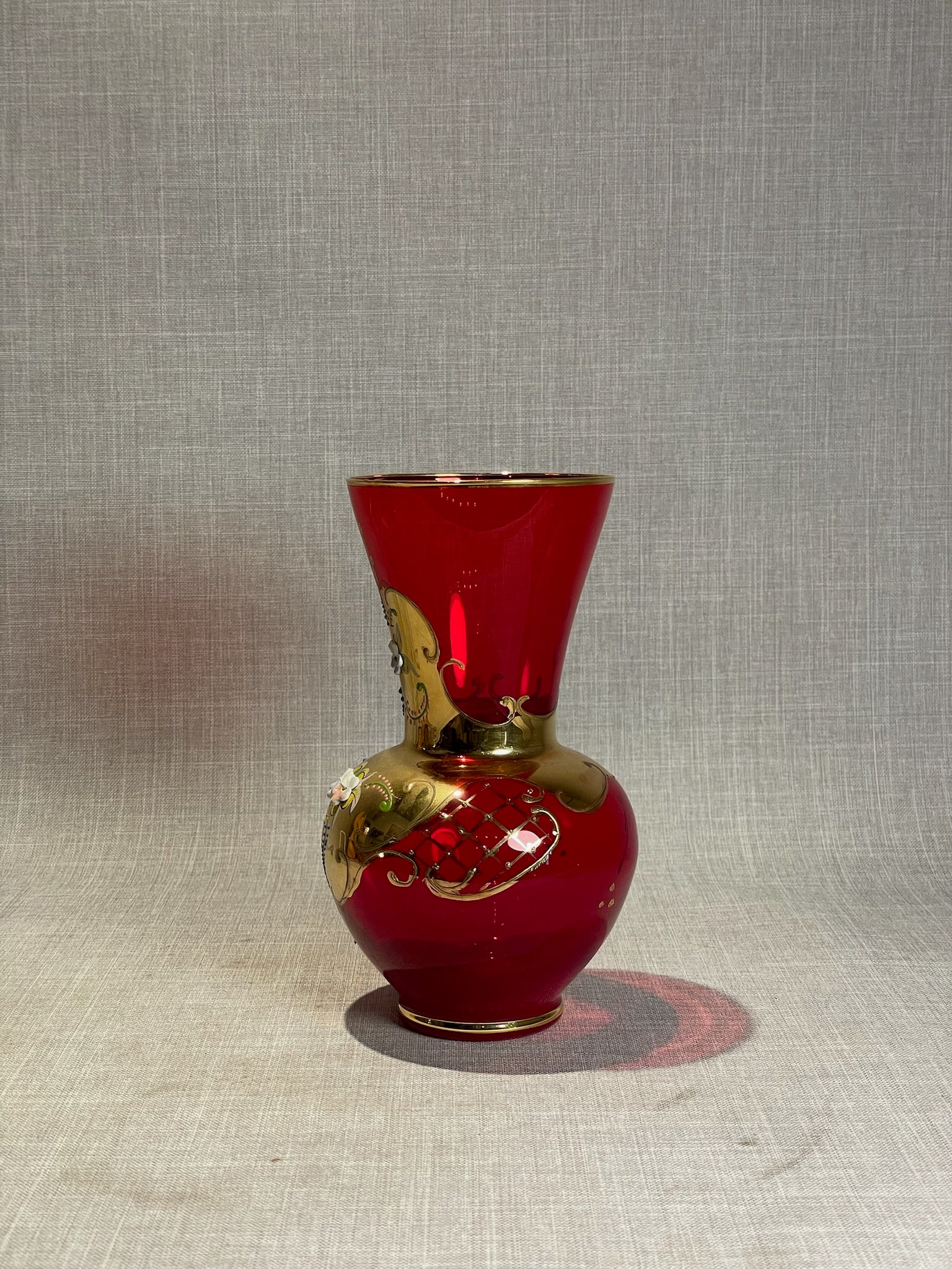 Vintage Italian Ruby Red & Gold Bohemian-Style Enamel Floral Art Glass Vase