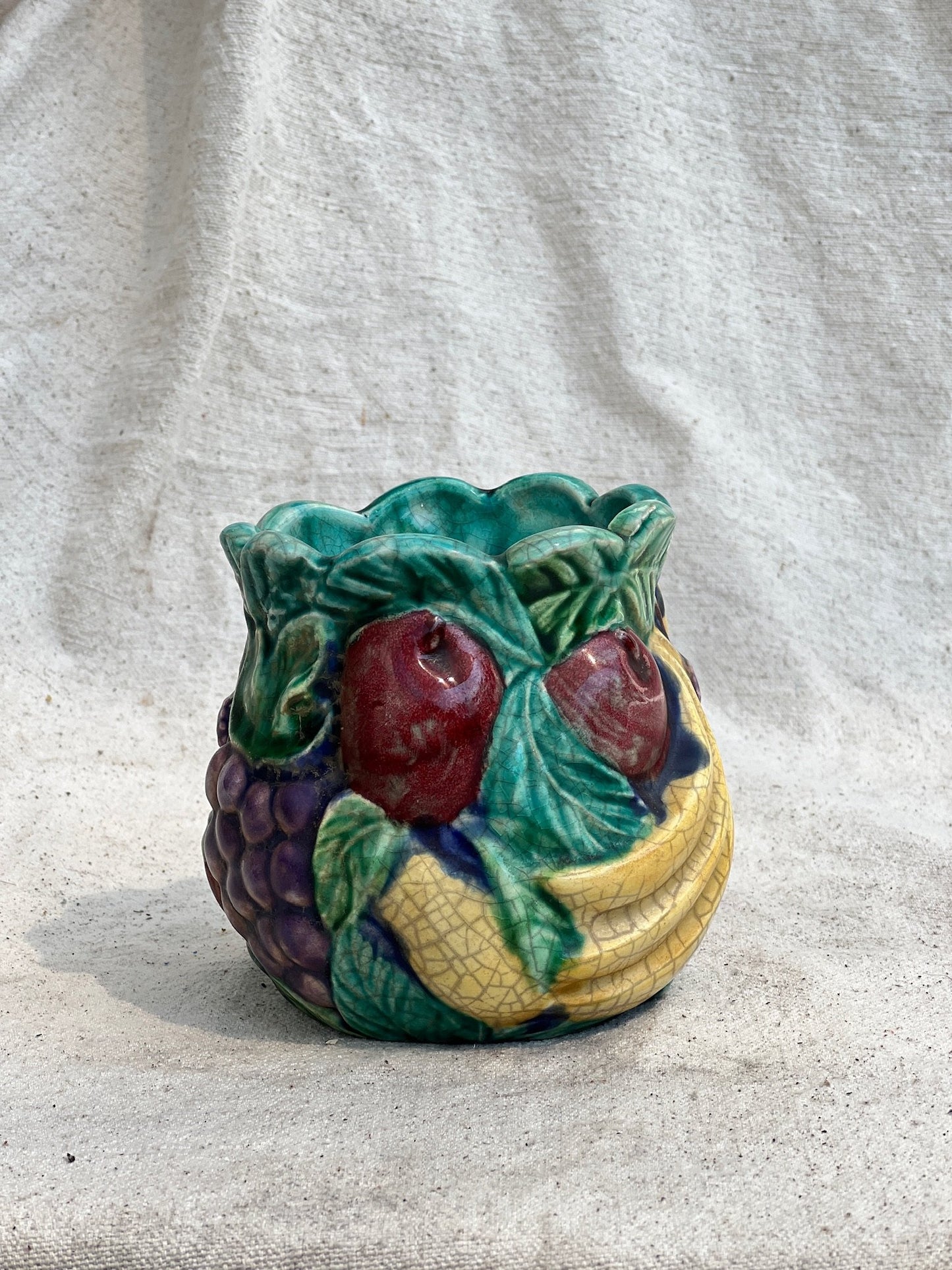 1990s Vibrant Glazed and Painted Ceramic Fruit Jar Vase (Signed)
