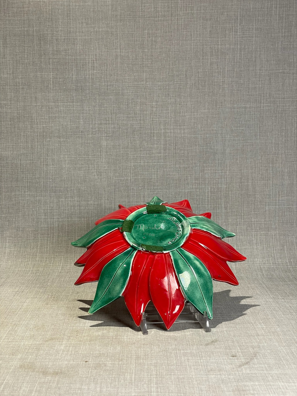 Rare 1966 Atlantic Mold Handcrafted Red & Green Poinsettia Ceramic Decorative Bowl