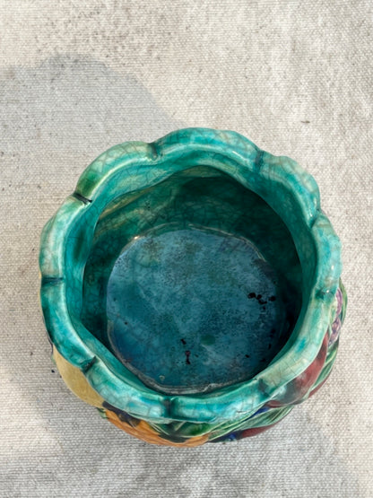 1990s Vibrant Glazed and Painted Ceramic Fruit Jar Vase (Signed)