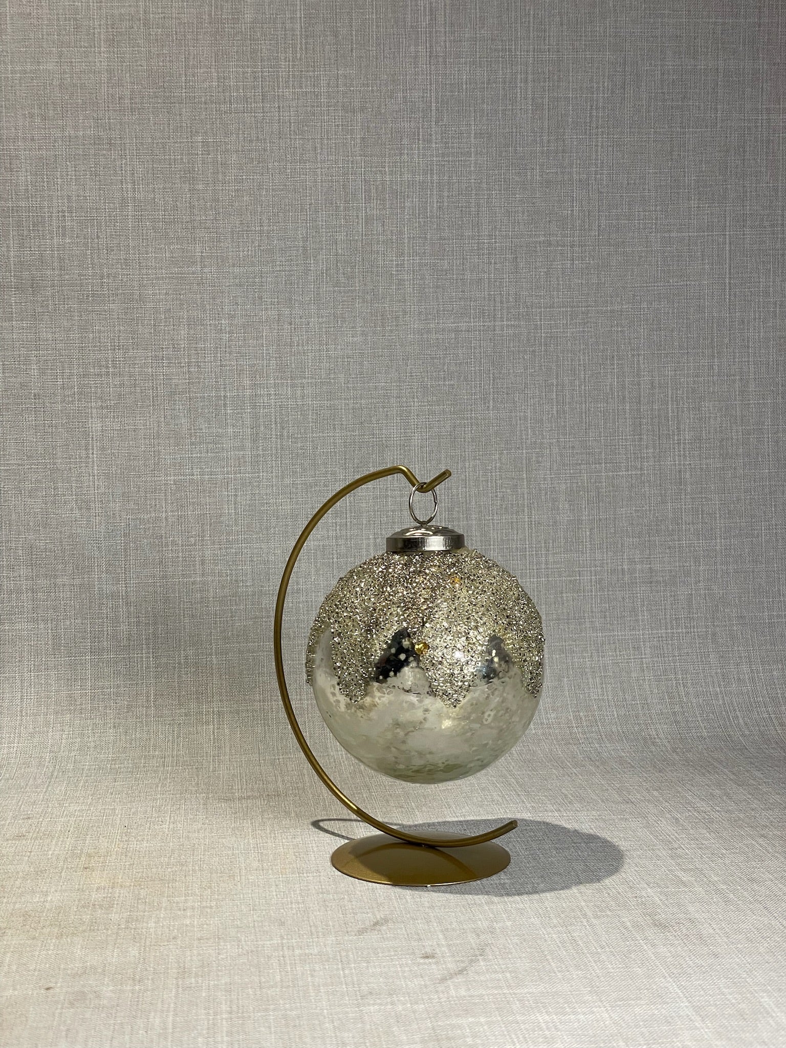 Vintage Silver Mercury-Glass Christmas Ornament with Glittered Crown Design & Display Stand