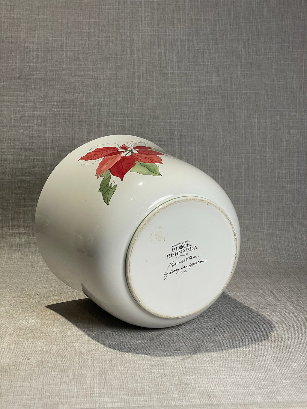 1992 Block Bernarda “Poinsettia” Large Ceramic Planter – Hand-Illustrated by Mary Lou Johnson