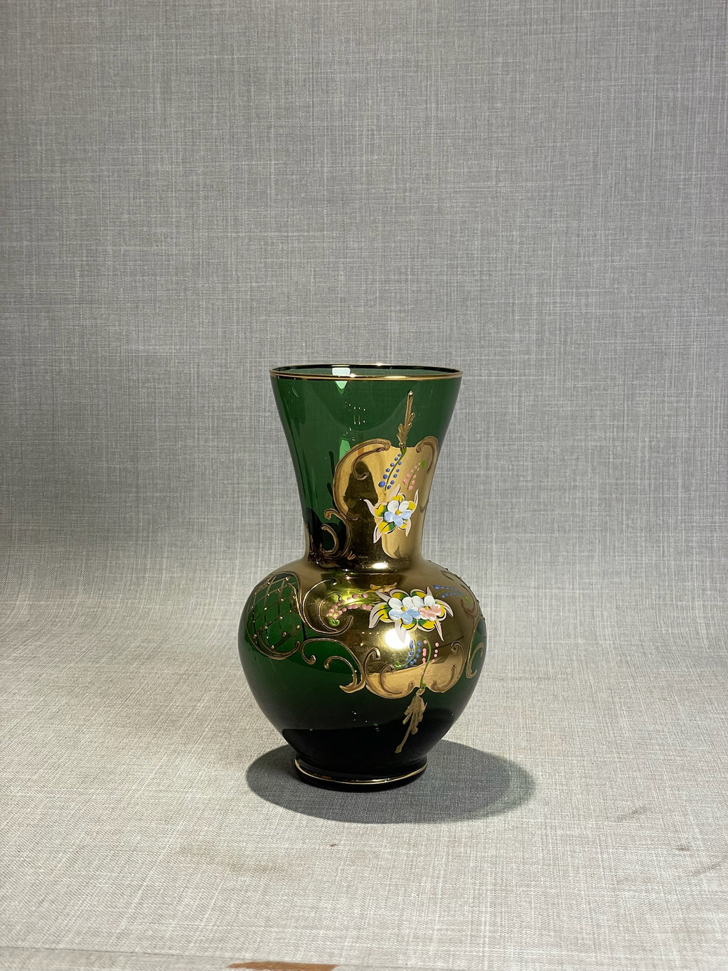 Vintage Italian Emerald Green Bohemian-Style Enamel & Gold Vase
