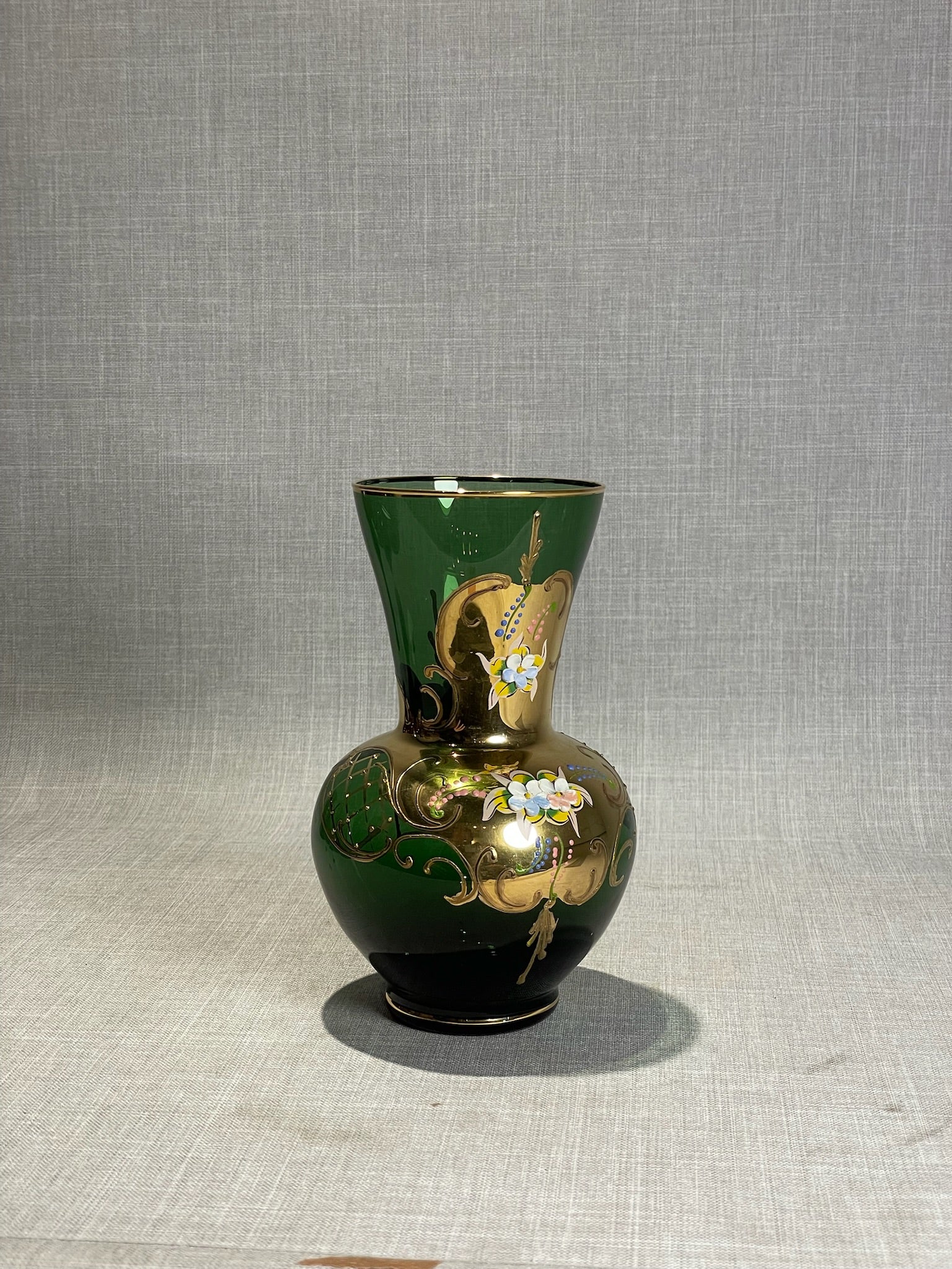 Vintage Italian Emerald Green Bohemian-Style Enamel & Gold Vase