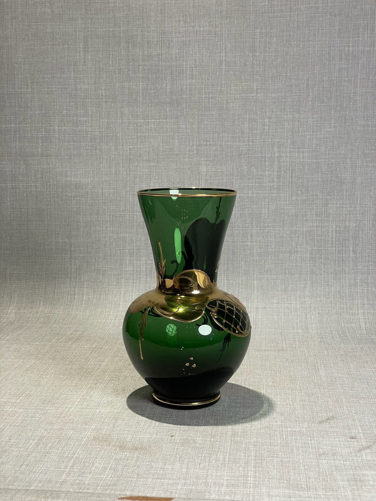 Vintage Italian Emerald Green Bohemian-Style Enamel & Gold Vase