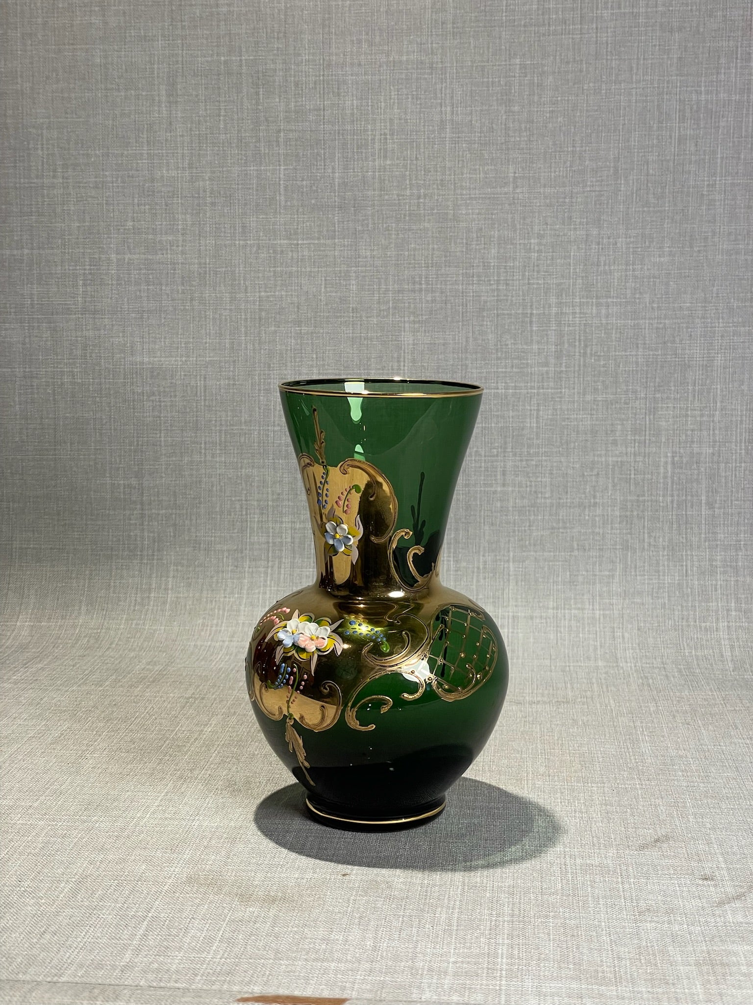 Vintage Italian Emerald Green Bohemian-Style Enamel & Gold Vase