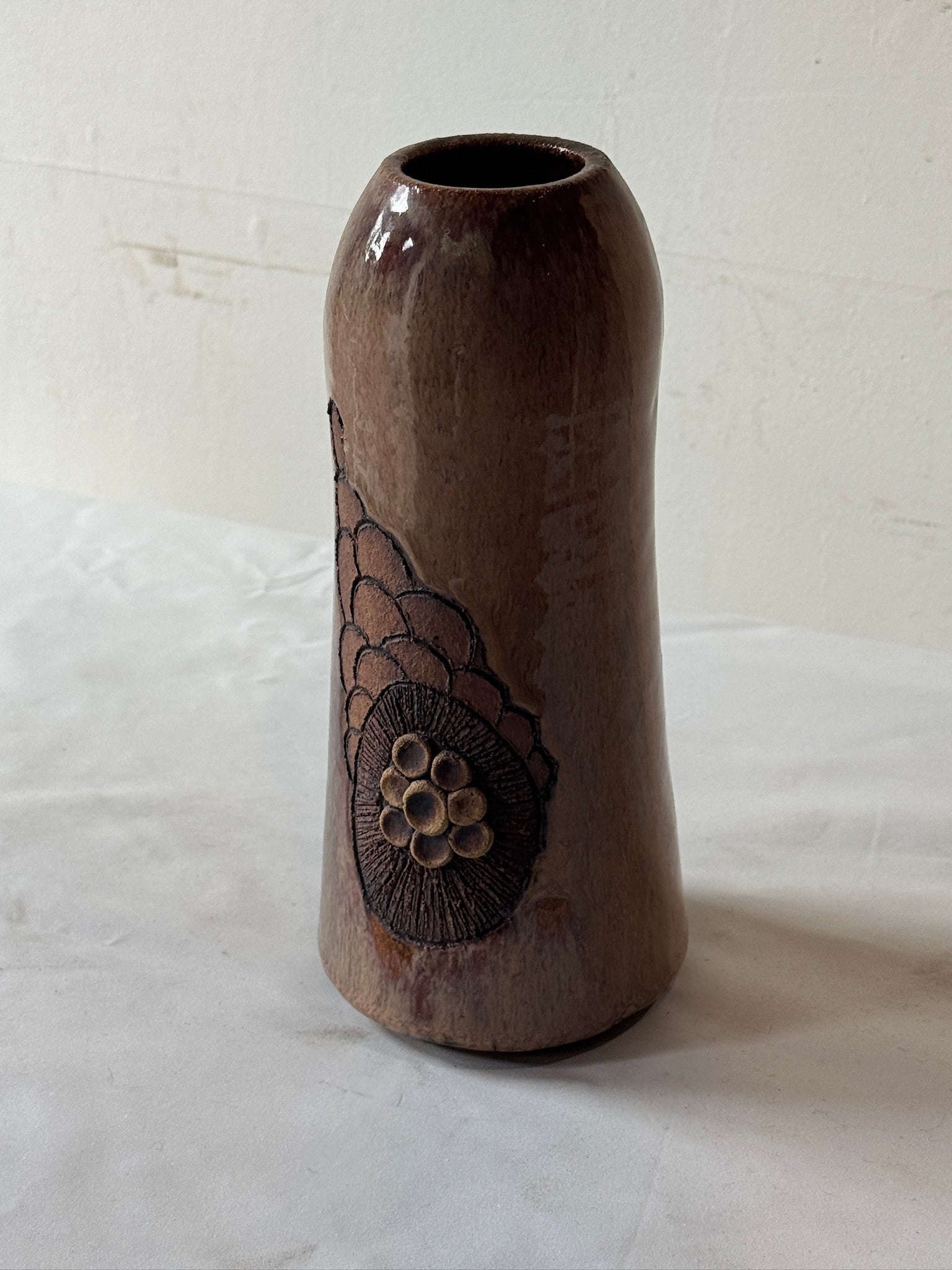 Handcrafted Glazed Stoneware Studio Pottery Vase with Relief Floral Motif