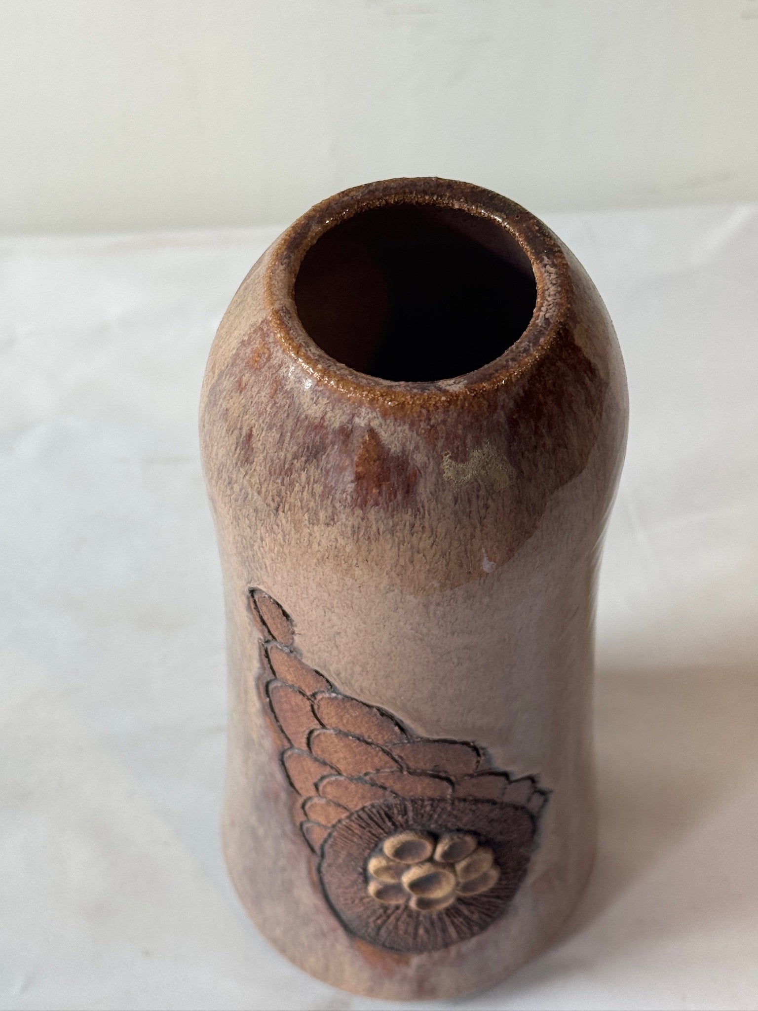 Handcrafted Glazed Stoneware Studio Pottery Vase with Relief Floral Motif