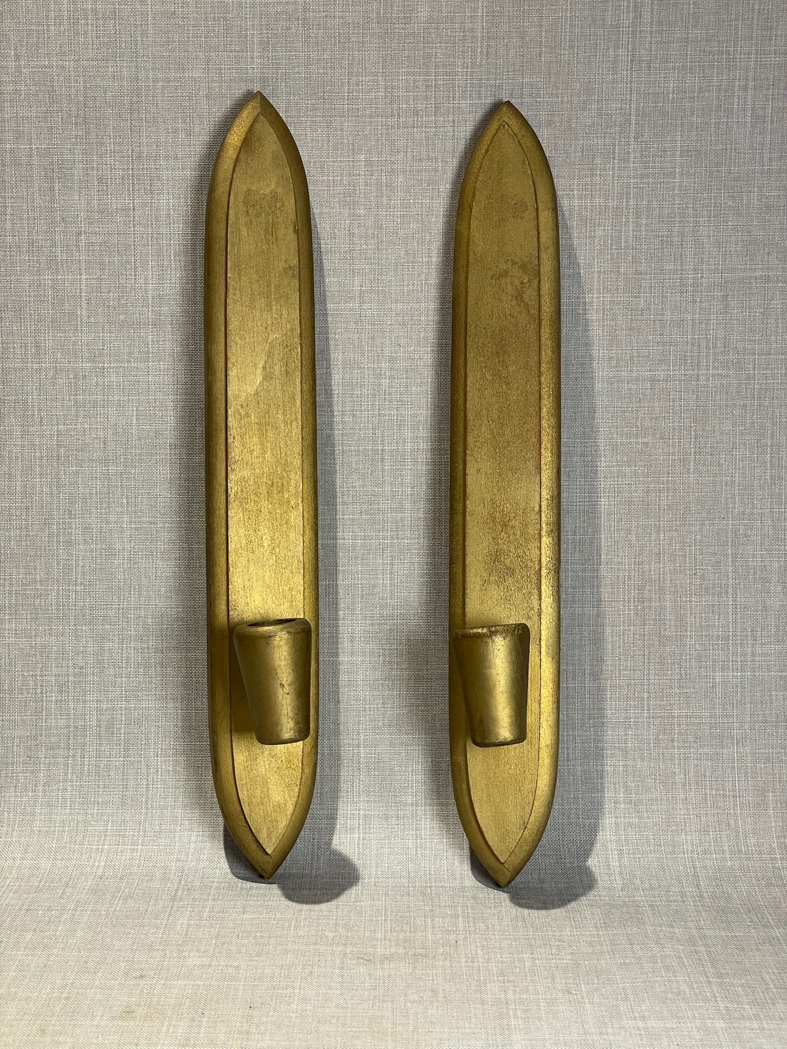 Pair of Vintage Gold Wall Candle Holders in Elongated Shield Form