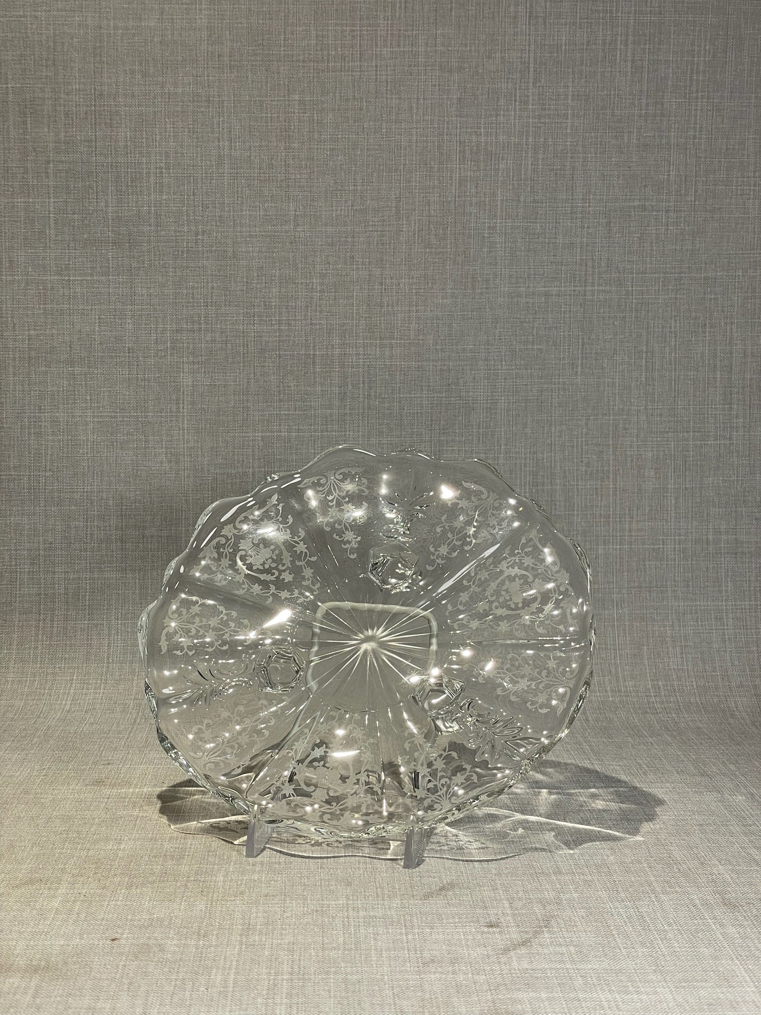 Vintage Clear Etched Glass Footed Serving Platter with Scalloped Rim