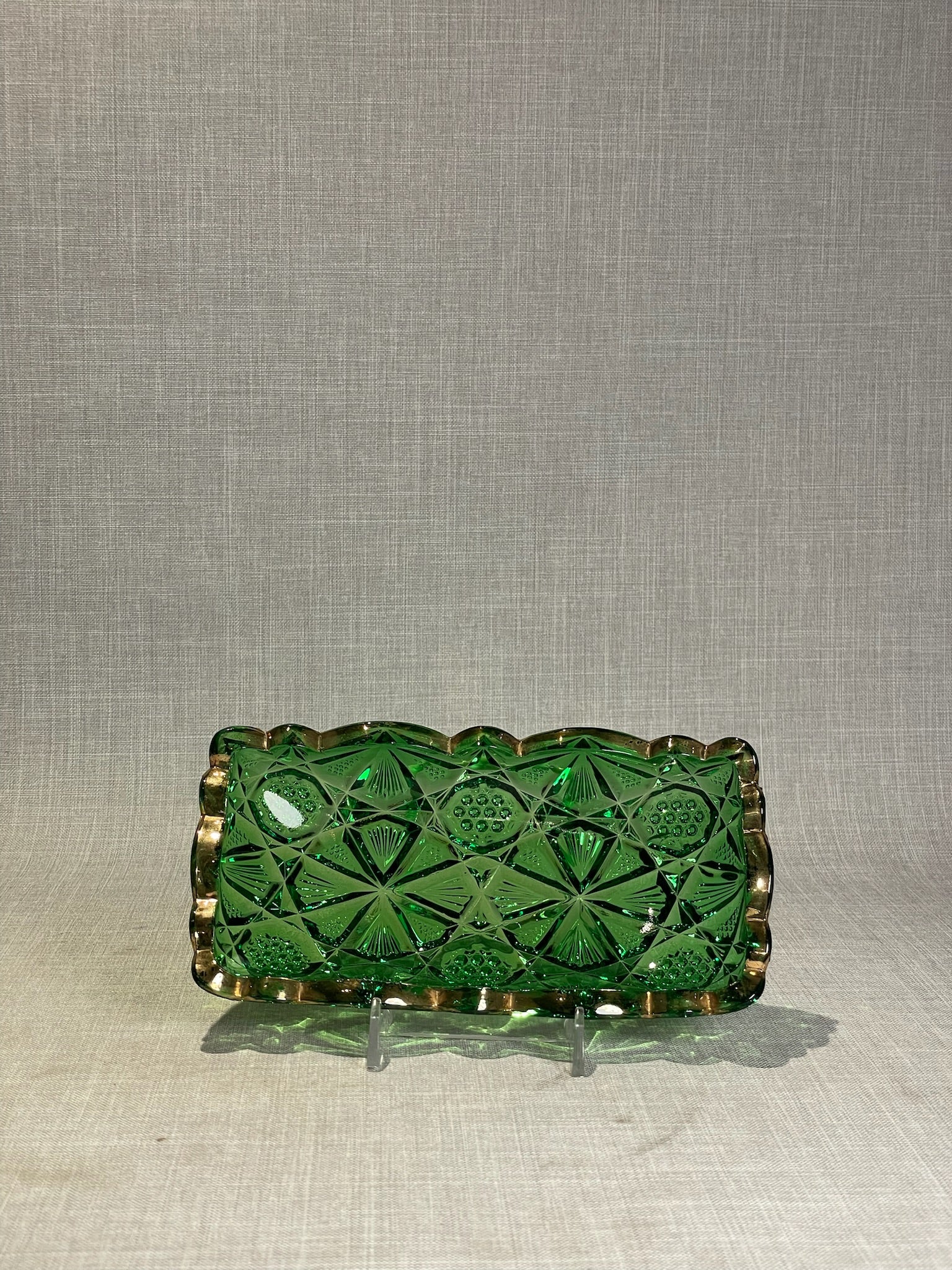 1950s Anchor Hocking Green Pressed Glass Rectangular Relish / Celery Dish with Scalloped Rim