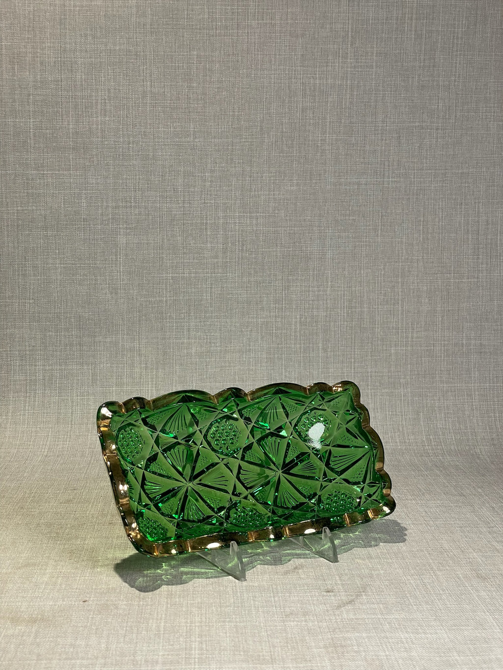 1950s Anchor Hocking Green Pressed Glass Rectangular Relish / Celery Dish with Scalloped Rim