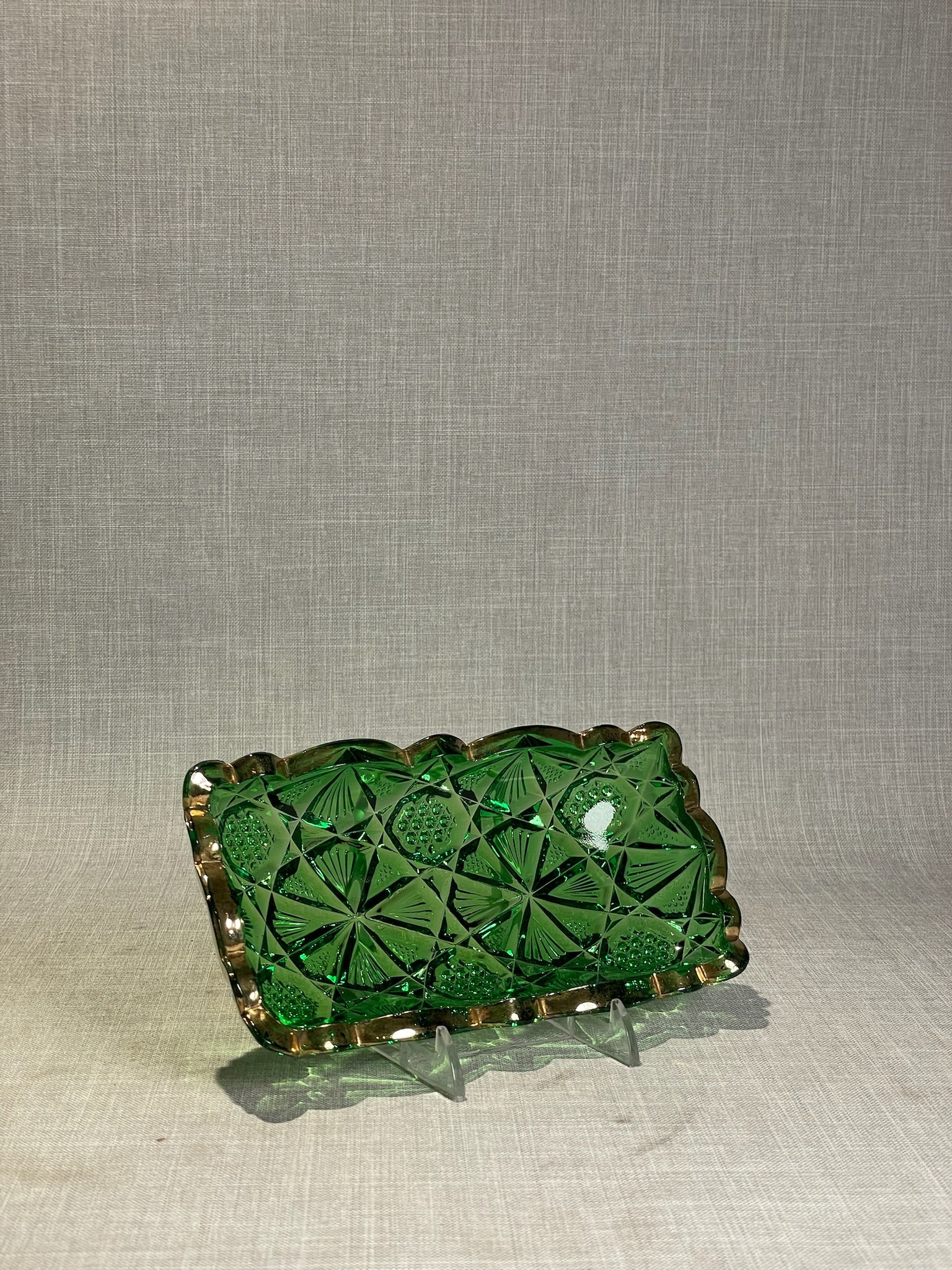1950s Anchor Hocking Green Pressed Glass Rectangular Relish / Celery Dish with Scalloped Rim