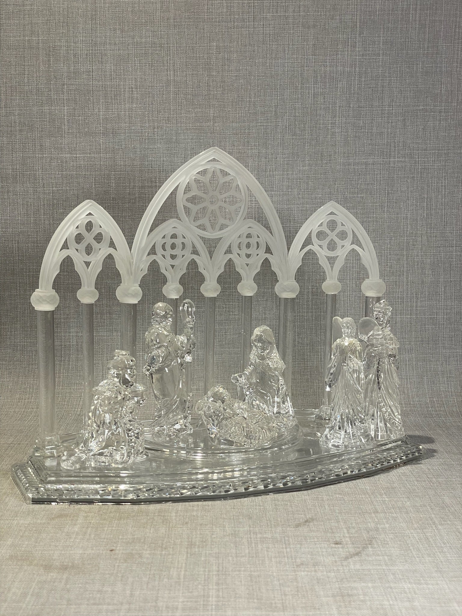 Elegant Clear Acrylic Nativity Scene With Gothic Cathedral Backdrop