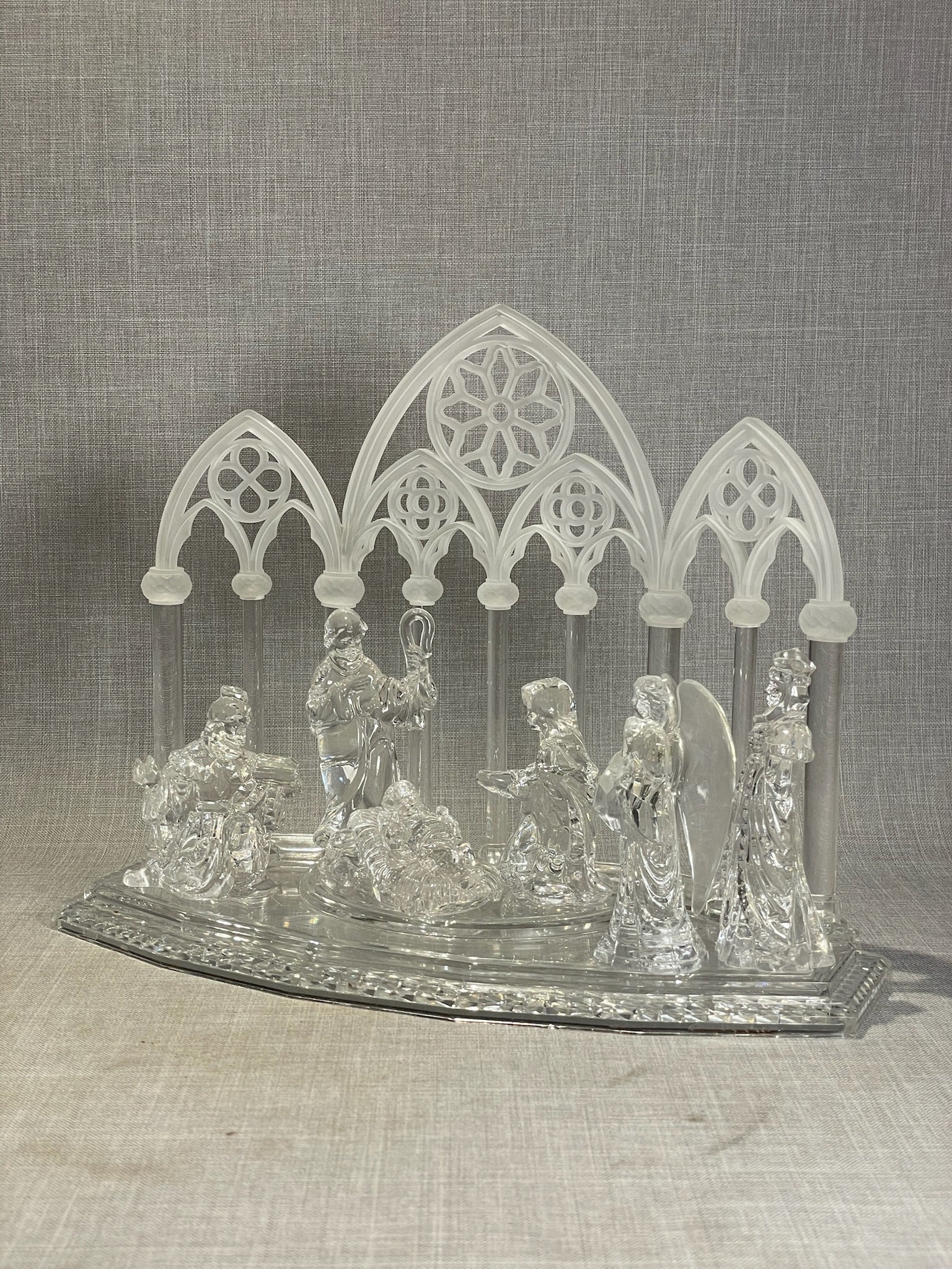 Elegant Clear Acrylic Nativity Scene With Gothic Cathedral Backdrop