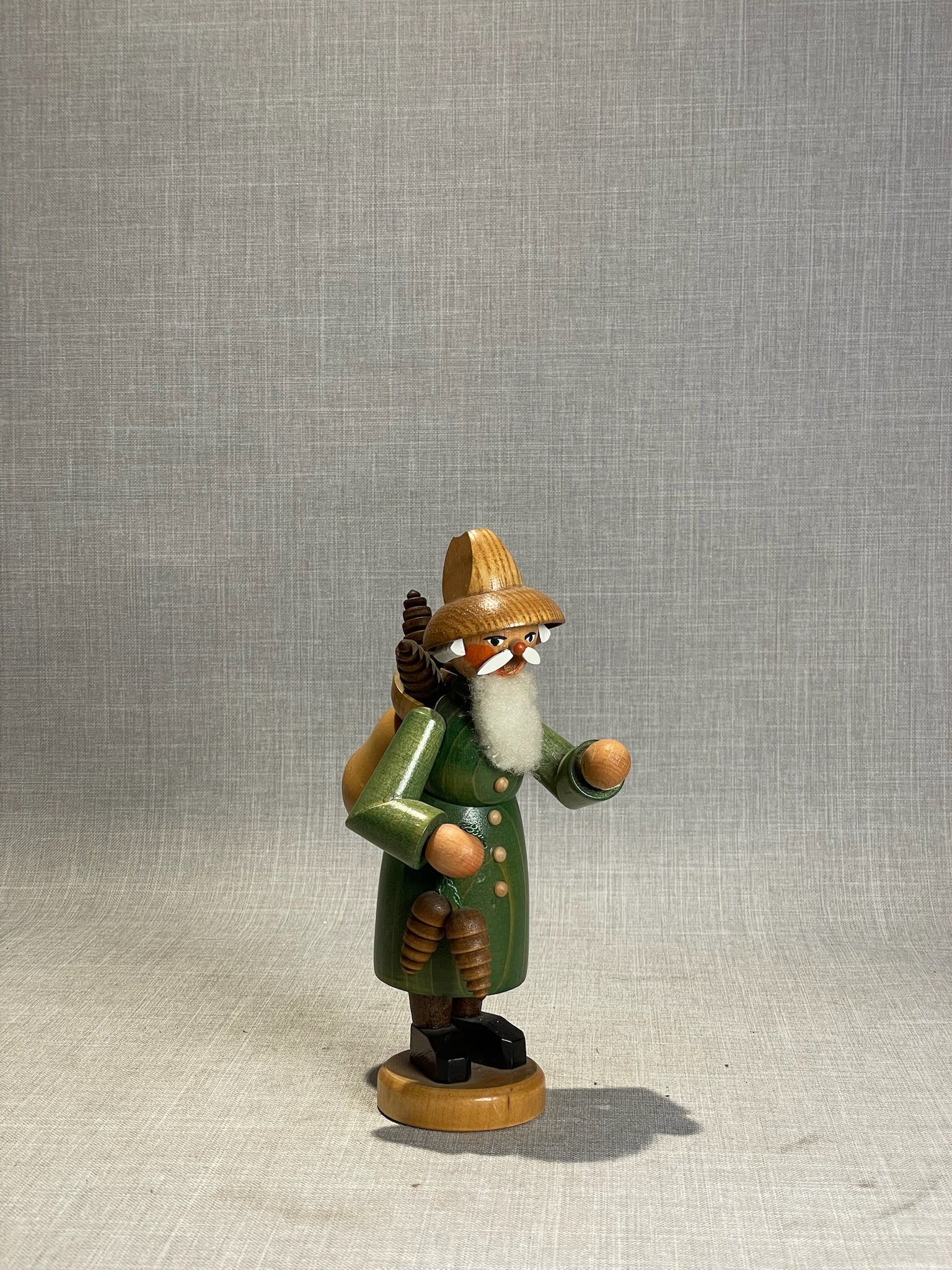 Vintage German Handcrafted Vintage Wooden Forest Santa Incense Smoker with Pinecones & Sack