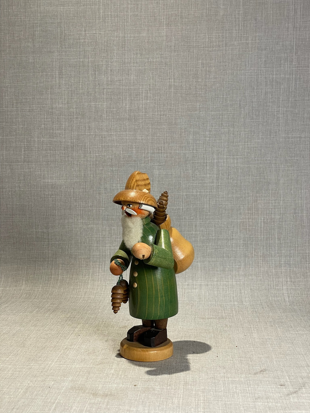 Vintage German Handcrafted Vintage Wooden Forest Santa Incense Smoker with Pinecones & Sack