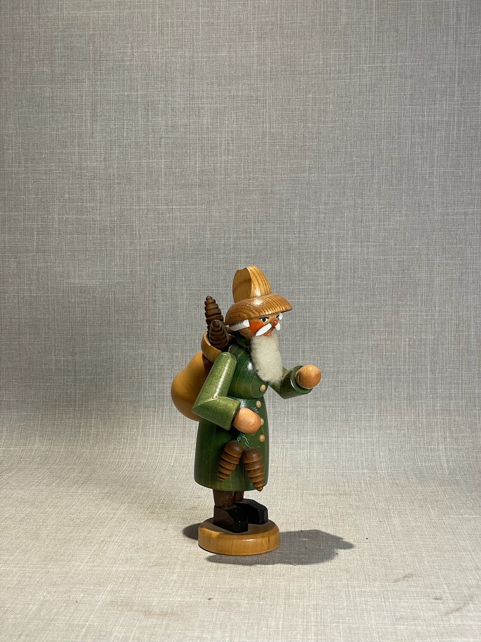 Vintage German Handcrafted Vintage Wooden Forest Santa Incense Smoker with Pinecones & Sack