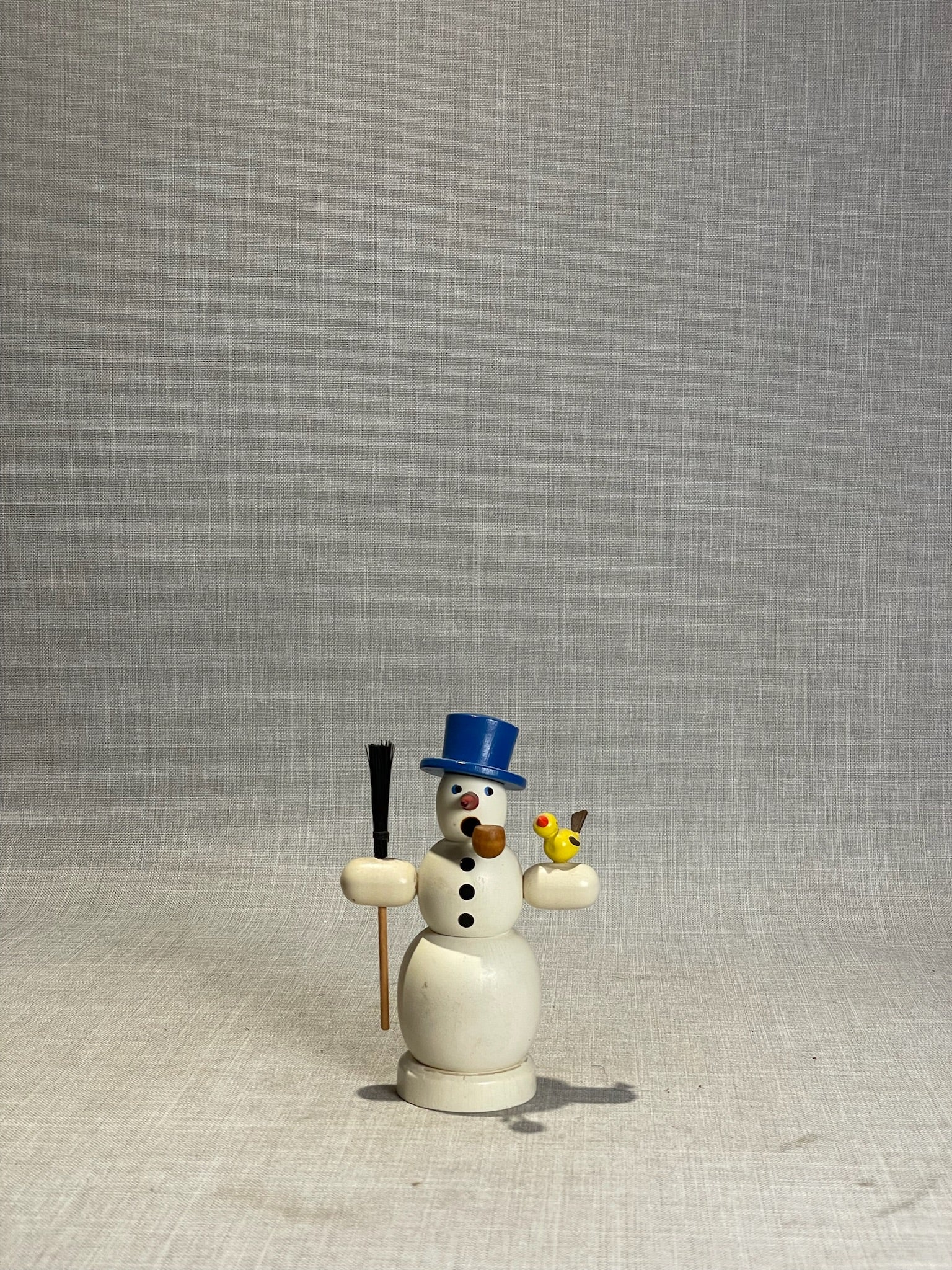 Charming Vintage Wooden Snowman Incense Smoker with Blue Top Hat, Broom & Perched Yellow Bird