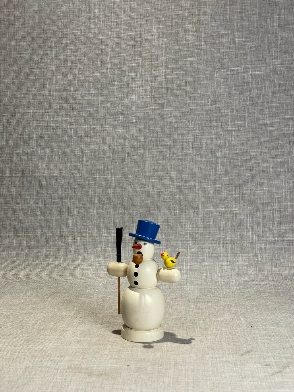 Charming Vintage Wooden Snowman Incense Smoker with Blue Top Hat, Broom & Perched Yellow Bird