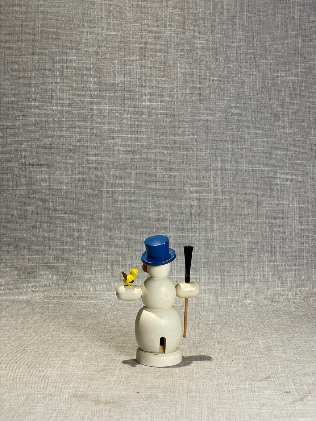 Charming Vintage Wooden Snowman Incense Smoker with Blue Top Hat, Broom & Perched Yellow Bird