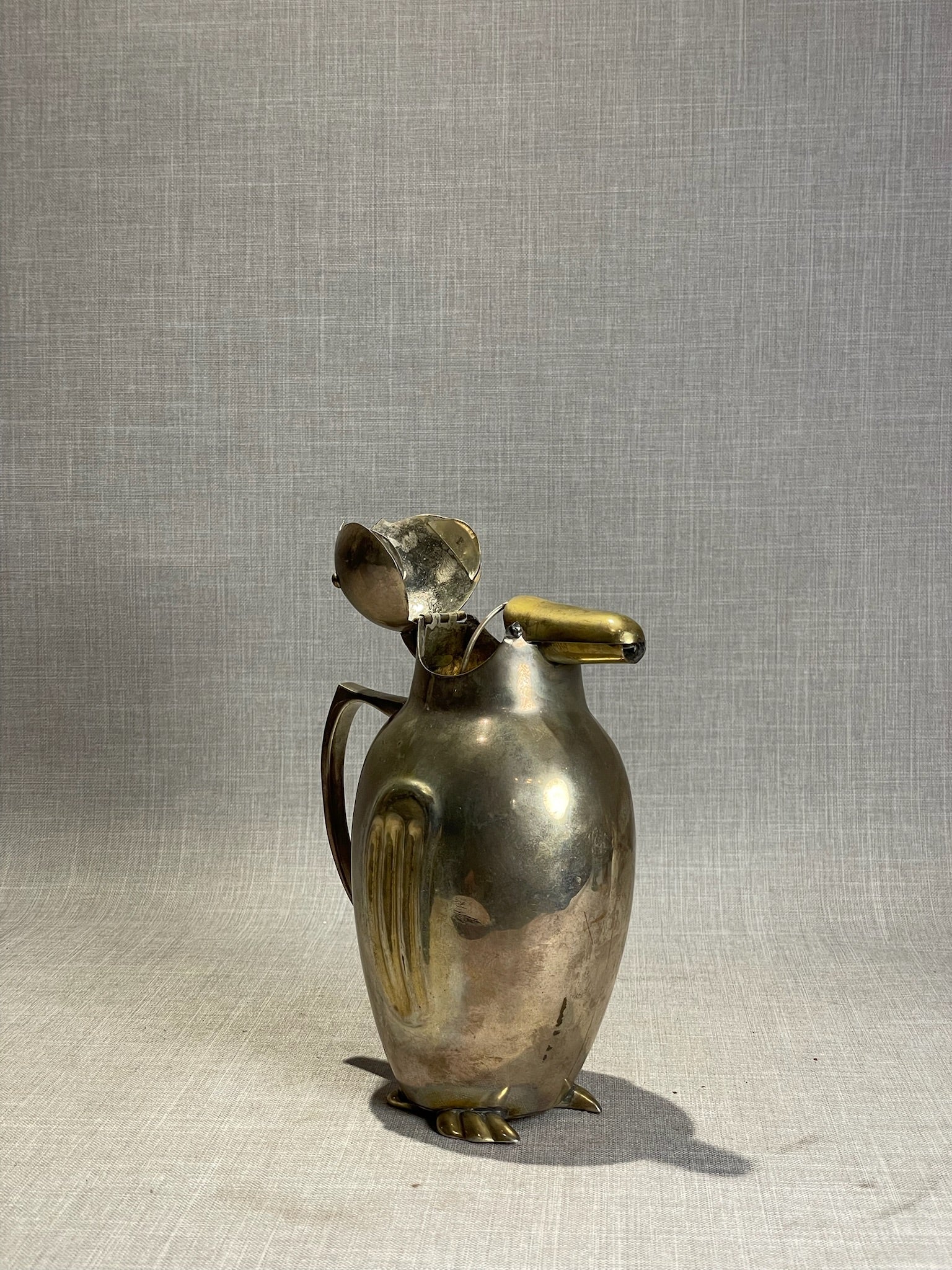Mid-Century Brass Penguin Figural Pitcher with Hinged Head – Whimsical Barware Sculpture