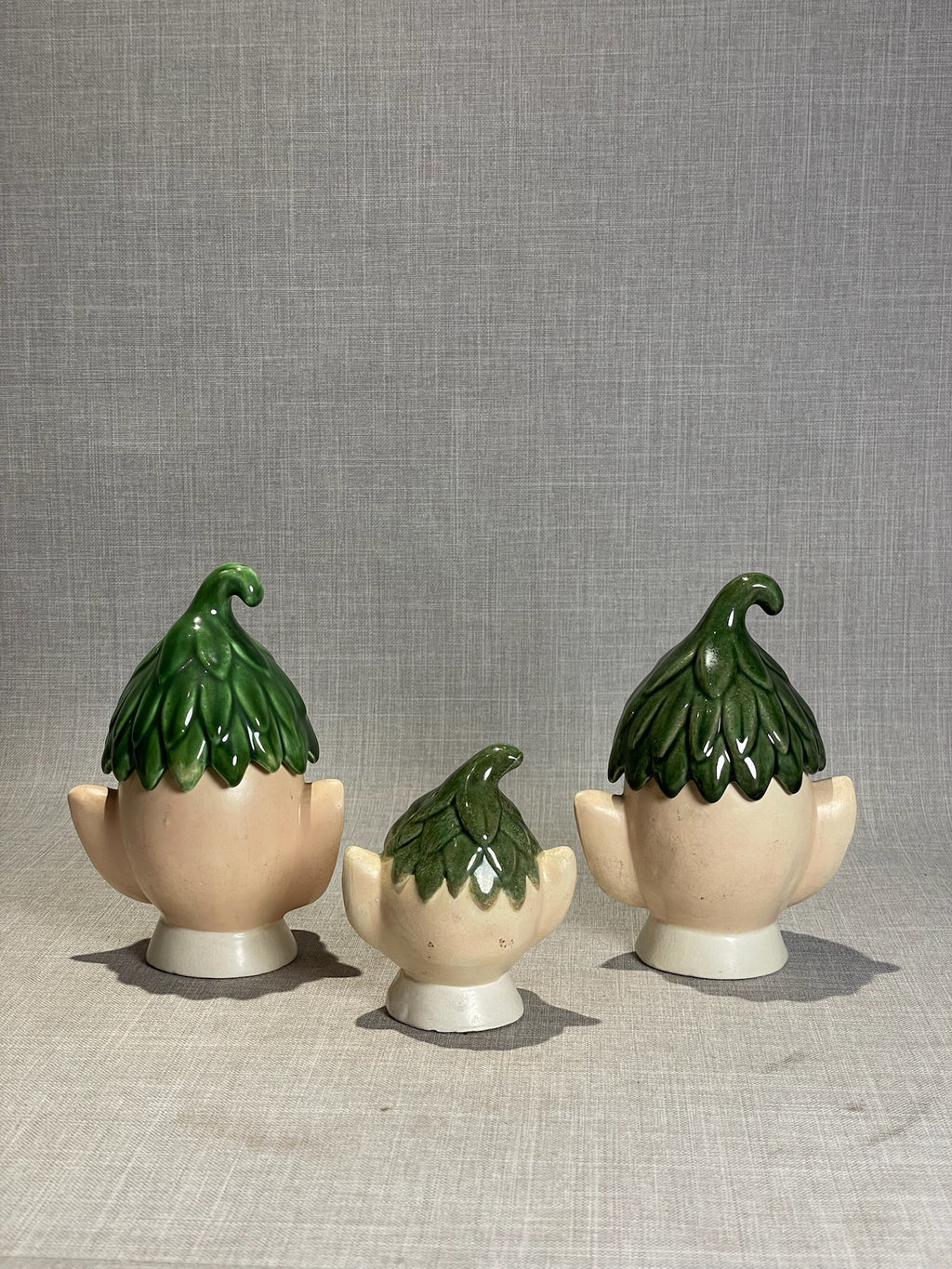 Vintage Mid-Century Ceramic Elf Head Spice Shaker Set – Whimsical Green Leaf Caps (Set of 3)