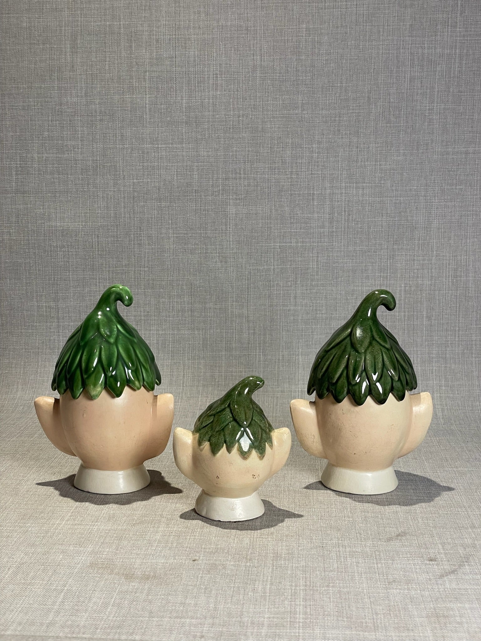 Vintage Mid-Century Ceramic Elf Head Spice Shaker Set – Whimsical Green Leaf Caps (Set of 3)
