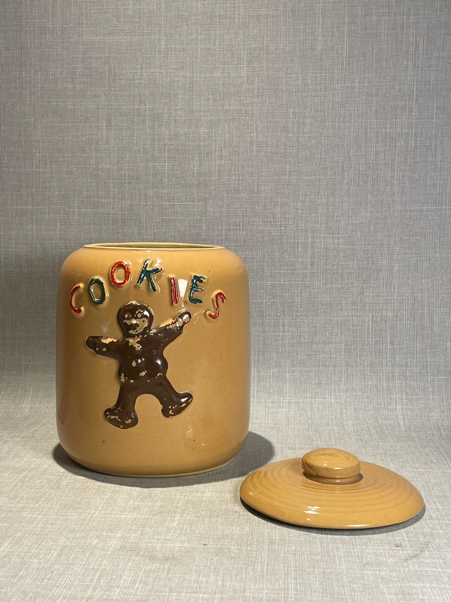 Charming Vintage McCoy Ceramic Gingerbread Cookie Jar with Colorful Raised Lettering & Dual Gingerbread Figures